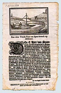 Het aanplakbiljet waarin het nieuwe veer van Pieter Pietersz. Bruyn van Spanbroek naar Alkmaar wordt bekendgemaakt.