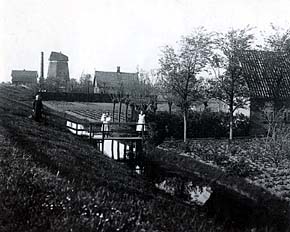 Gezicht op de polder Hensbroek in 1925. De molen die sinds 1879 ontdaan was van zijn wieken, verbrandde op 9 februari 1927.