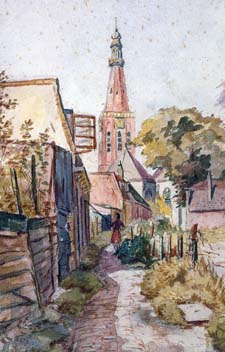 In 1995 schilderde J. Geusebroek de Kerksteeg in Medemblik zoals die er anno 1950 uitzag.