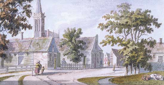 De dorpskern van Oude Niedorp, omstreeks 1800 op een aquarel van Hendrik Tavenier.