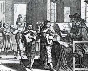 Op deze ets van F. de Wit is een school interieur uit 1645 afgebeeld.