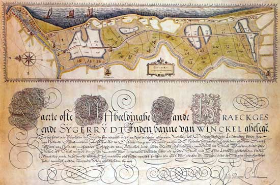 Op deze kaart uit 1637 is duidelijk de kavelstructuur te zien van de landerijen.