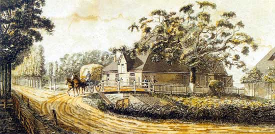 Cornelis Bok schilderde aan het begin van de 19de eeuw deze boerderij aan de Blauwe Brug.