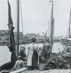 Gezicht op de haven en turfschuren van Kolhorn.