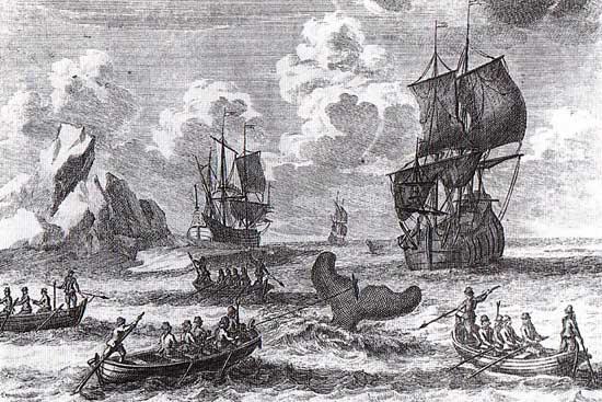 Op de voorgrond van deze gravure van de walvisvaart zijn sloepen afgebeeld.