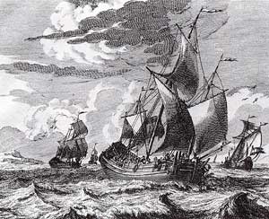 Gravure van haringbuizen op zee uit omstreeks 1725.