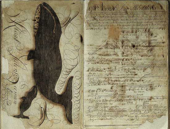 Twee bladzijden uit het stuurmansboek van Klaas Pietersz Zeeman (1700-1760).