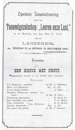 Programma van de toneelvereniging &lsquo;Leeren onze Lust&rsquo;.