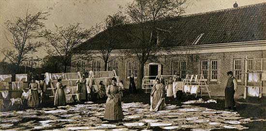 Het bleekveld van het Rijkskrankzinnigengesticht in Medemblik aan het begin van de 20ste eeuw.
