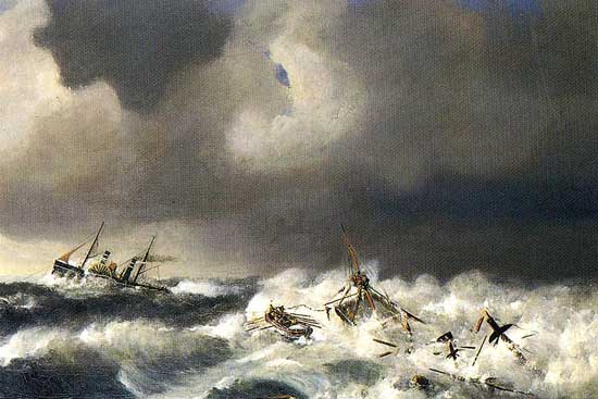 Impressie van de redding van de bemanning van de Duitse bark Renown in 1887.