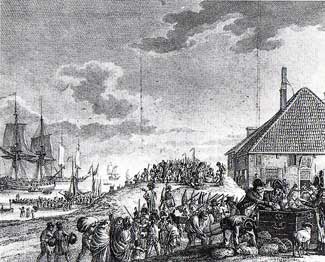 Gravure van de aftocht van Engelse en Russische troepen na de mislukte invasie in Noord-Holland in 1799.