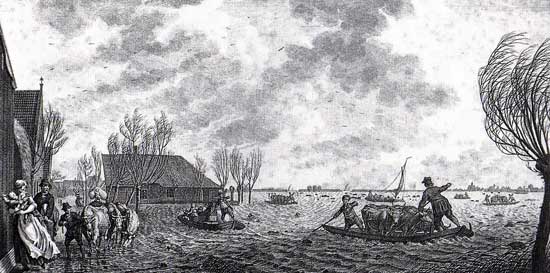 Tekening van een dijkdoorbraak in de Zeevang uit 1775.