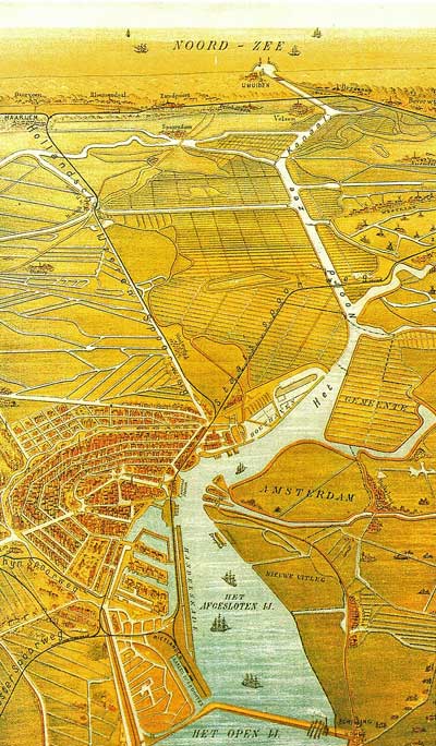 Vogelvlucht prent (1882) van &lsquo;Holland op zijn Smalst&rsquo; met het gloednieuwe Noordzeekanaal (1876).