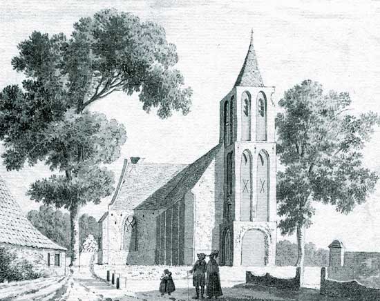 De hervormde kerk in de P.J. Jongstraat van Lutjebroek op een tekening uit 1785 van Hendrik Tavenier.
