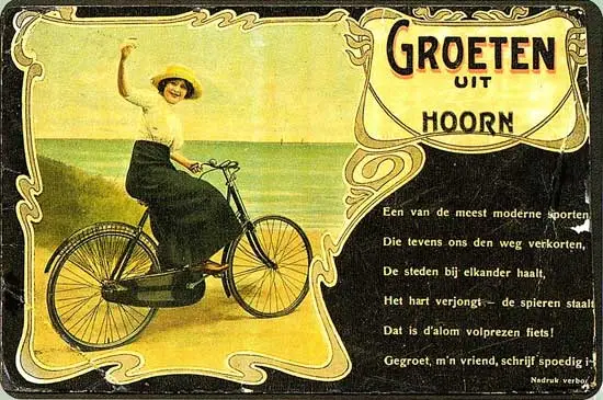 Ansichtkaart uit het begin van de 20ste eeuw met een lofzang op de fiets.
