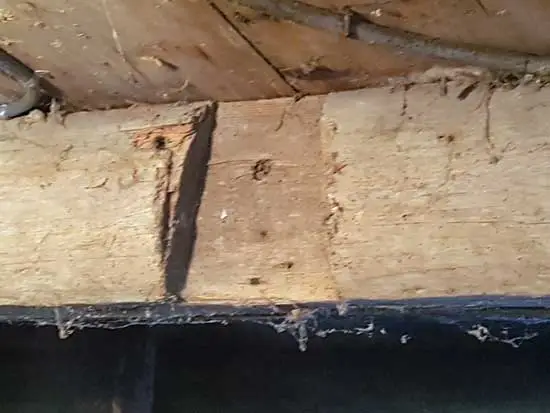 Inkeping in de balken die afkomstig zijn uit de in 1881 gesloopte boerderij.