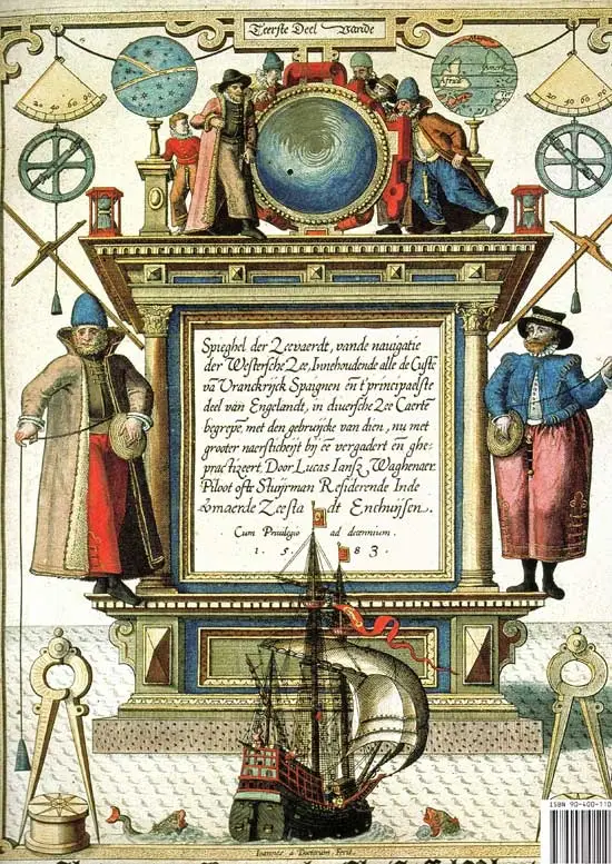 Titelpagina van de Spieghel der Zeevaerdt van Lucas Jansz Waghenaer, gedrukt in 1584 bij Plantijn te Leiden.