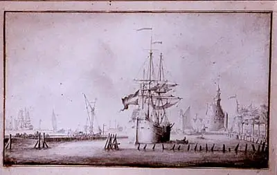 II-19. De haven van Hoorn in de 18e eeuw. Tekening van Pieter Blau