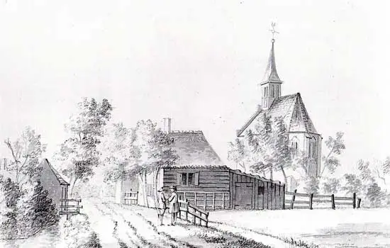 Gezicht op het dorp Grosthuizen uit 1740, getekend door Abraham de Haan (1707-1748).