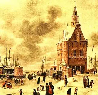 Tekening van schaatsers bij de Hoofdtoren van Hoorn door J.A. van Beerstraten (1622-1666).