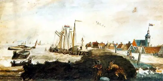 De Westfriese Omringdijk ter hoogte van de haven van Kolhorn, door Cornelis Bok in 1817 geschilderd.