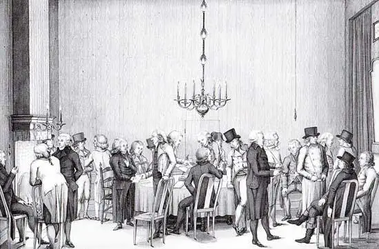 Tekening van een vergadering van het Enkhuizer Departement van de Maatschappij tot Nut van 't Algemeen.