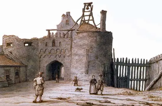Tekening van Lambert Doomer uit 1690 van de oude Keetpoort of Drommedaris van Enkhuizen.