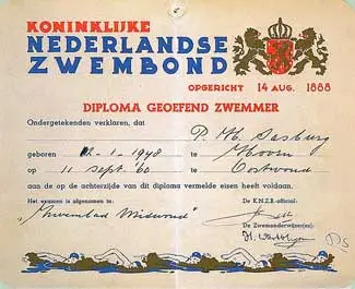 Diploma geoefend zwemmer zoals dat aan zovelen in West-Friesland omstreeks 1960 is uitgereikt.