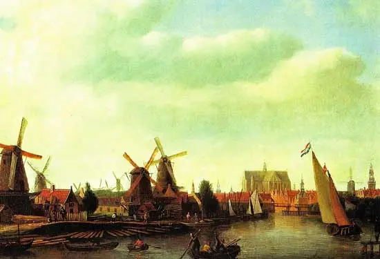 Het 18de-eeuwse stadsbeeld van Alkmaar werd gedomineerd door de industriemolens aan het Zeglis en de Grote Kerk.