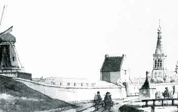 Ook Medemblik was een ommuurde stad. Op deze tekening ziet men de Westerpoort.