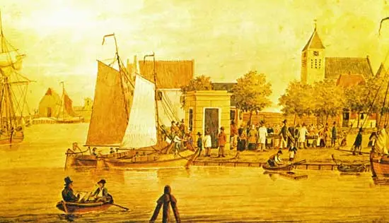 Waterverftekening van de Vismarkt van Medemblik op de hoek Oosterhaven-Oudevaartsgat.