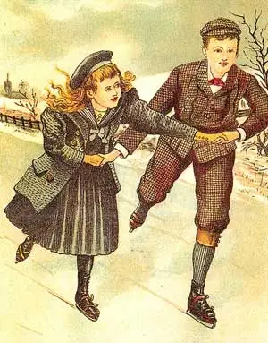 Litho van een jeugdig schoonrijderspaar uit 1900.