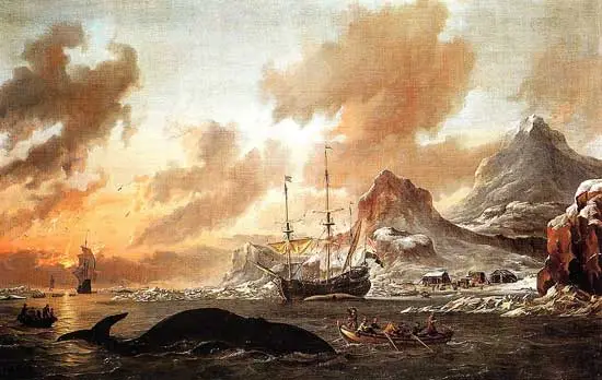 Schilderij van Abraham Storck (1635-1704) van de walvisvangst bij Spitsbergen.