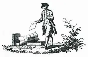 Gravure van een patriot, die wijst op de door de regenten geschonden stadsrechten.