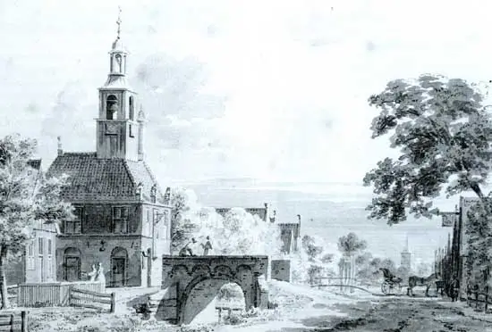 Het raadhuis van Winkel, in 1730 getekend door Cornelis Pronk.