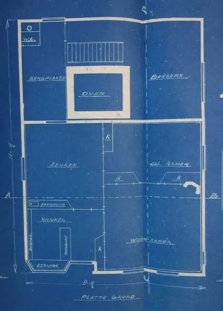 Plattegrond met daarop duidelijk aangegeven de plaats van de oven.