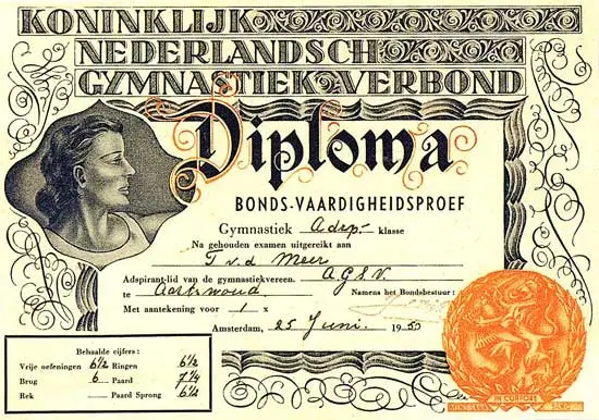 Tine van der Meer behaalde als lid van de gymnastiekvereniging A.G.S.V. uit Aartswoud in 1950 haar bondsvaardigheidproef.