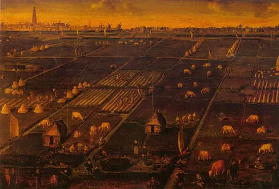 Met op de achtergrond Enkhuizen, compleet met molens, wallen en kerktorens en daarv&oacute;&oacute;r de polder Het Grootslag.