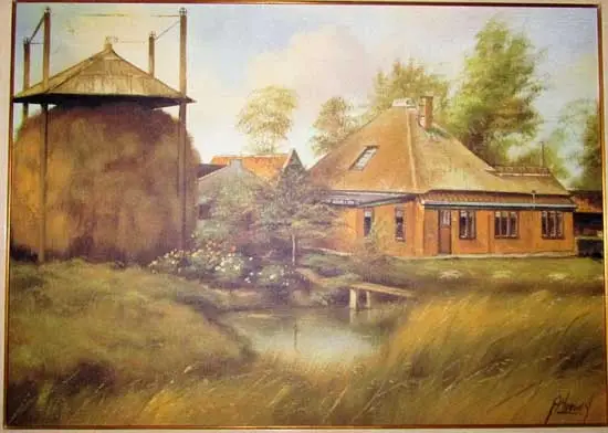 Schilderij van de boerderij met de oorspronkelijke hooivijzel.