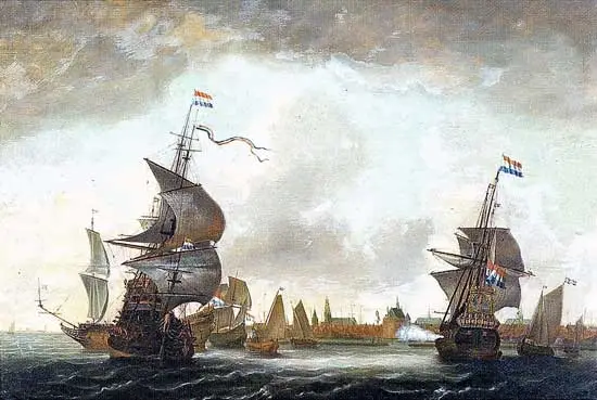 Een spiegelschip (rechts) voor de kust van Hoorn, geschilderd door A. Loef.