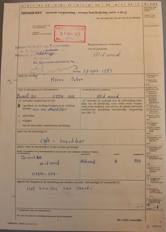 Midwoud 10  27 april 1973 dient Peter een verzoek in om een vergunning voor een cafeu met snackbar