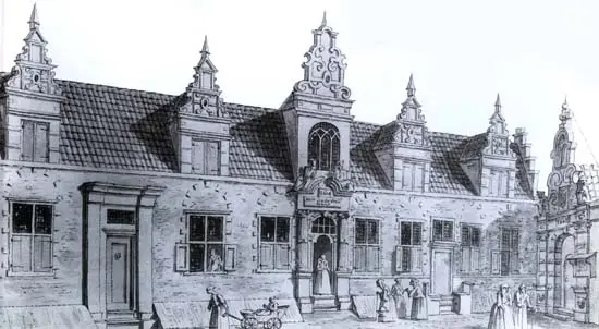Tekening van C. Pronk uit 1727 van het Oude Vrouwenhuis en de Statenpoort te Hoorn.