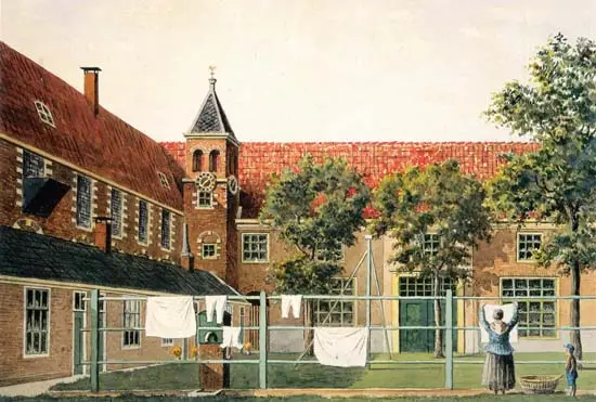 Waterverfschilderij van Adrianus Brouwer uit 1894 van de binnenplaats van het Pietershof in Hoorn.