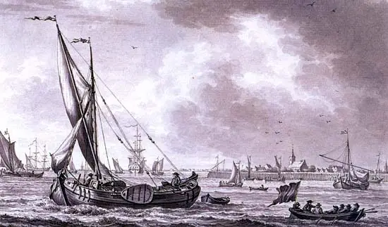 De zeedijk bij Enkhuizen in de 18e eeuw. Rechts het havenhoofd, dat net als de paaldijk met hout is versterkt.