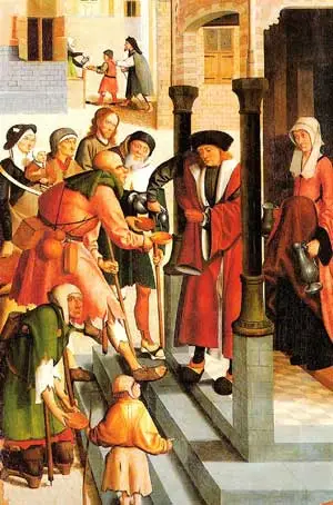 Op dit anonieme paneel uit 1504 is het laven der dorstigen afgebeeld.