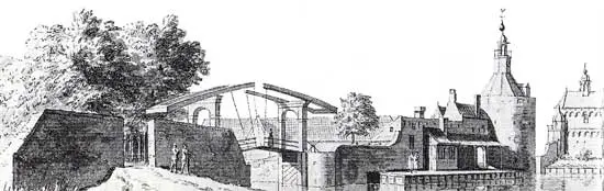 Tekening van de Oostersluis en dubbele wipbrug in Edam.