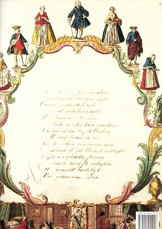 Ingekleurde gravure uit ca. 1800 van een nieuwjaarswens met daaromheen een levenstrap.
