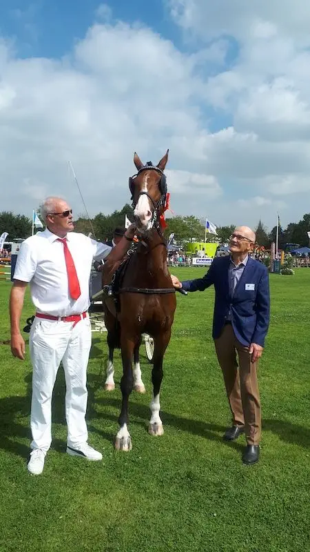 Het paard Lindrini met een verzorger en voorzitter Jan Smit