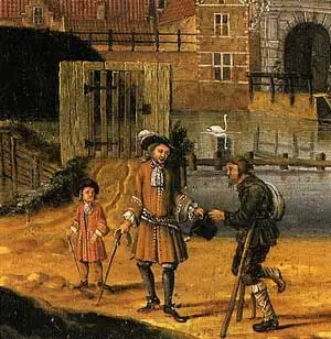 Een welgestelde inwoner van Alkmaar geeft een aalmoes aan een bedelaar.