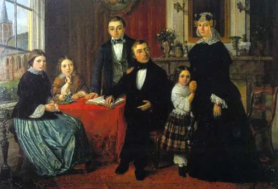 Op dit schilderij dat in 1855 vermoedelijk door H. Vorderman werd gemaakt is de familie van Klaas Harshoorn de Jong afgebeeld.